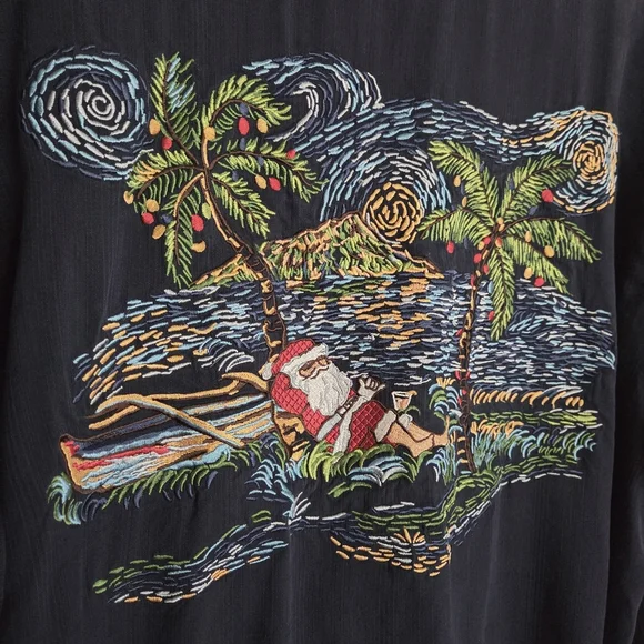 Tori Richard | Silk Lyocell Embroidered Beach Santa Design Button Up Shirt Rare - Picture 6 of 15